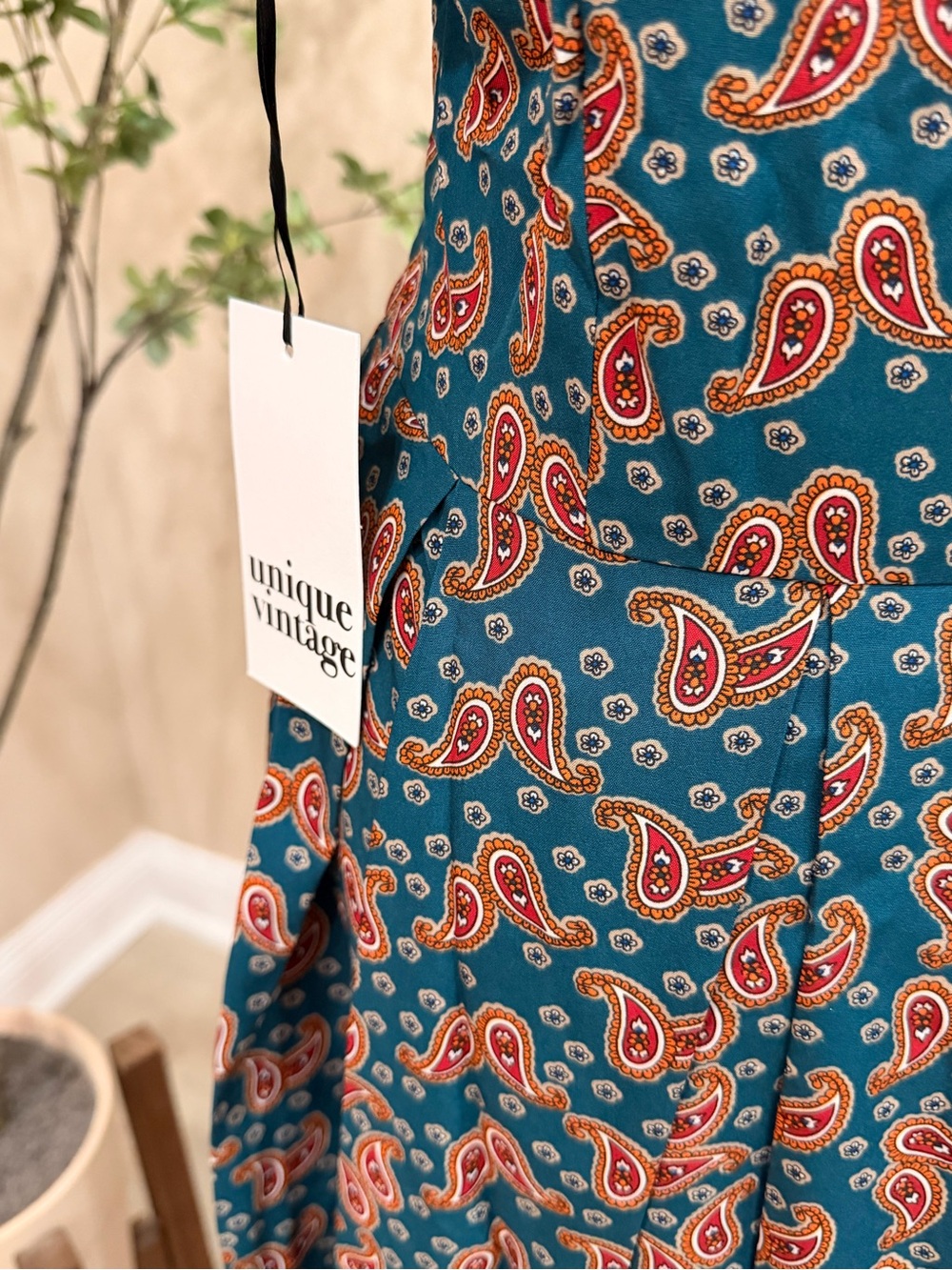 UNIQUE VINTAGE Teal Paisley Retro Fit & Flare Midi Dress, Size Large - Picture 7 of 7
